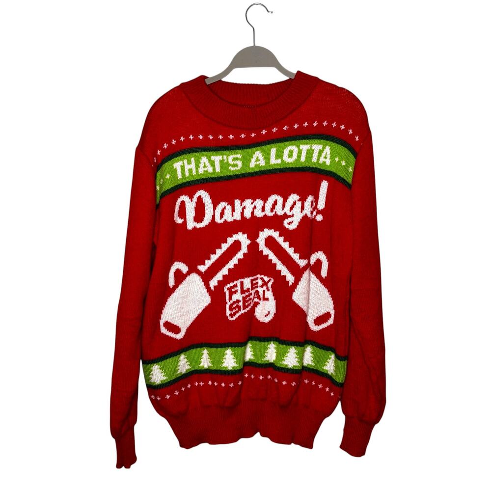 Men's Ugly Christmas Sweater FLEX SEAL That's Alotta Damage! Red Size Medium